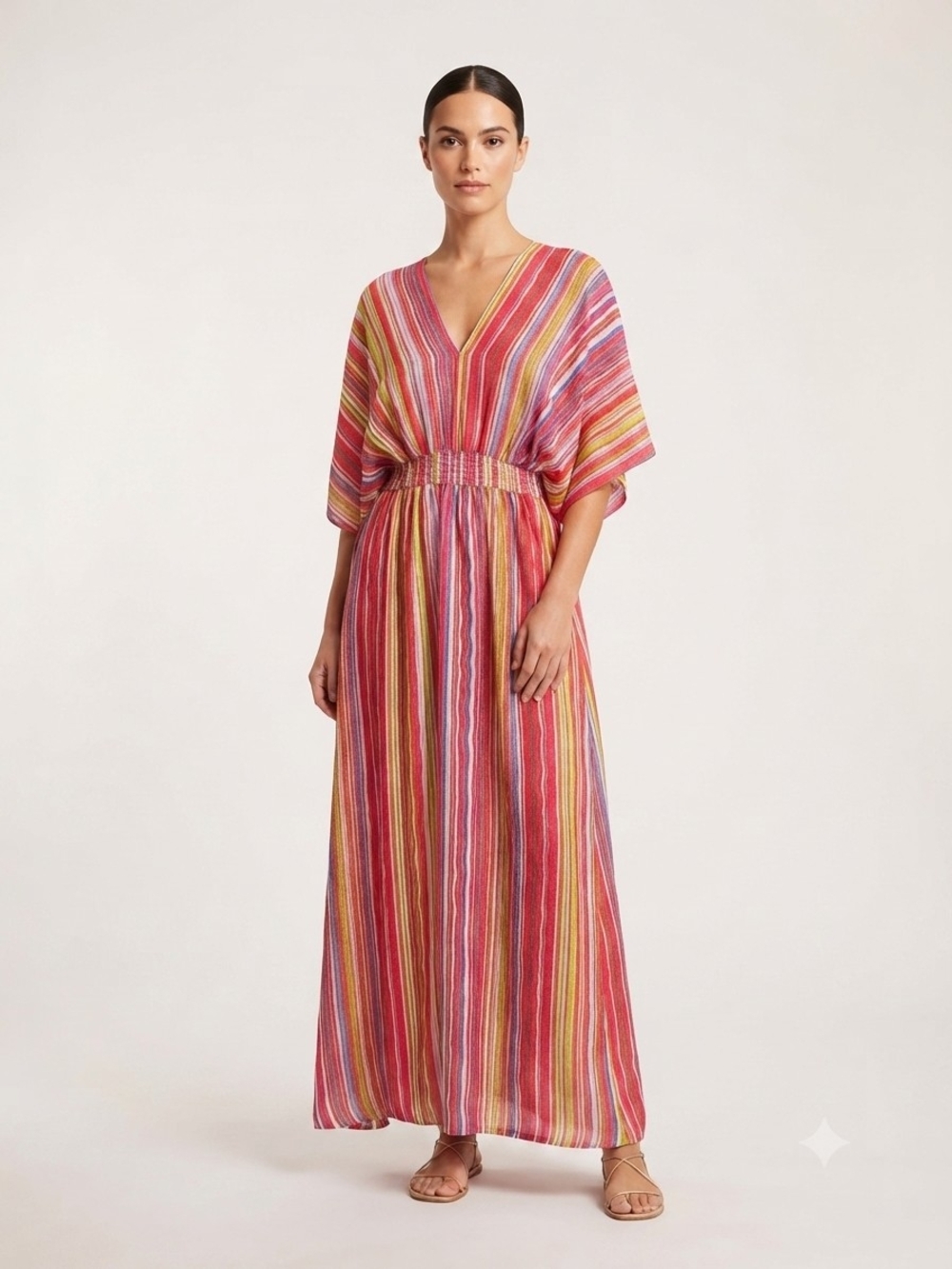 Nina Leonard Multi-Stripe V-Neck Maxi Dress in Pink and Yellow Size Med